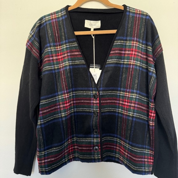 NEW THE GREAT Fire Side Wool blend cardigan in hearth tartan plaid M - Picture 4 of 8